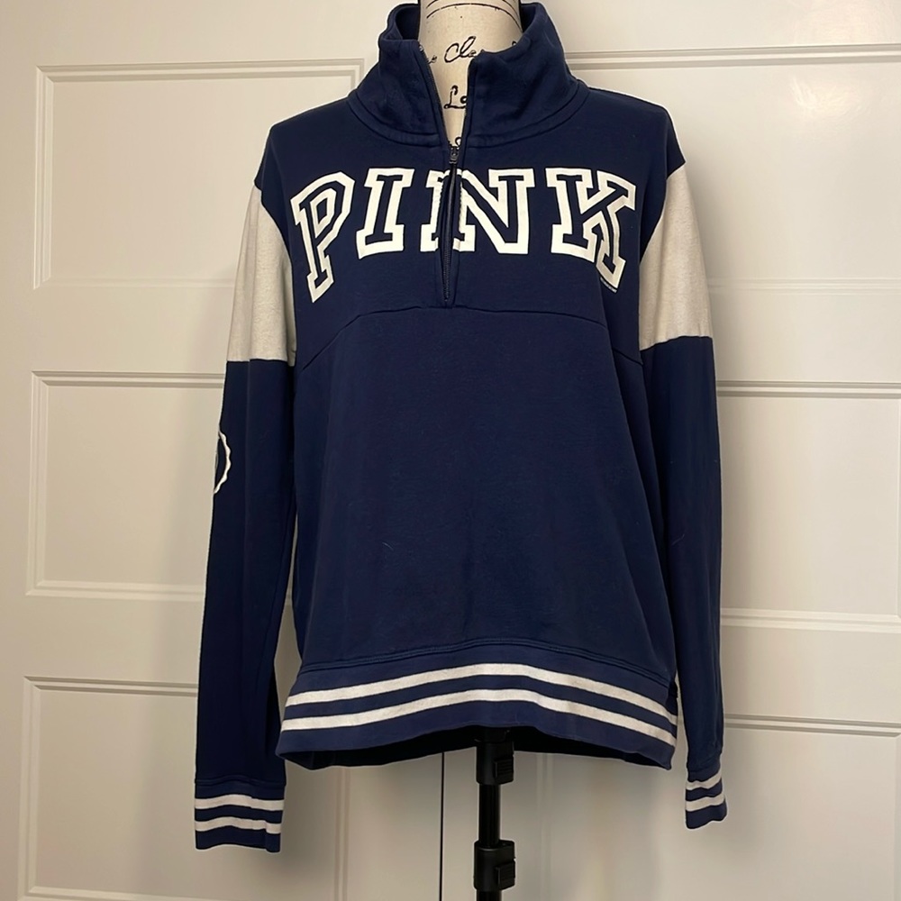 PINK 3/4 zip navy blue and white sweatshirt, size medium